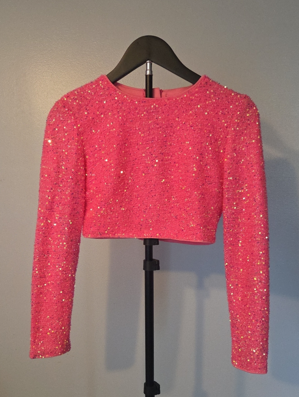 Sparkle Cropped Long-Sleeve Top W Zip Back- Pink